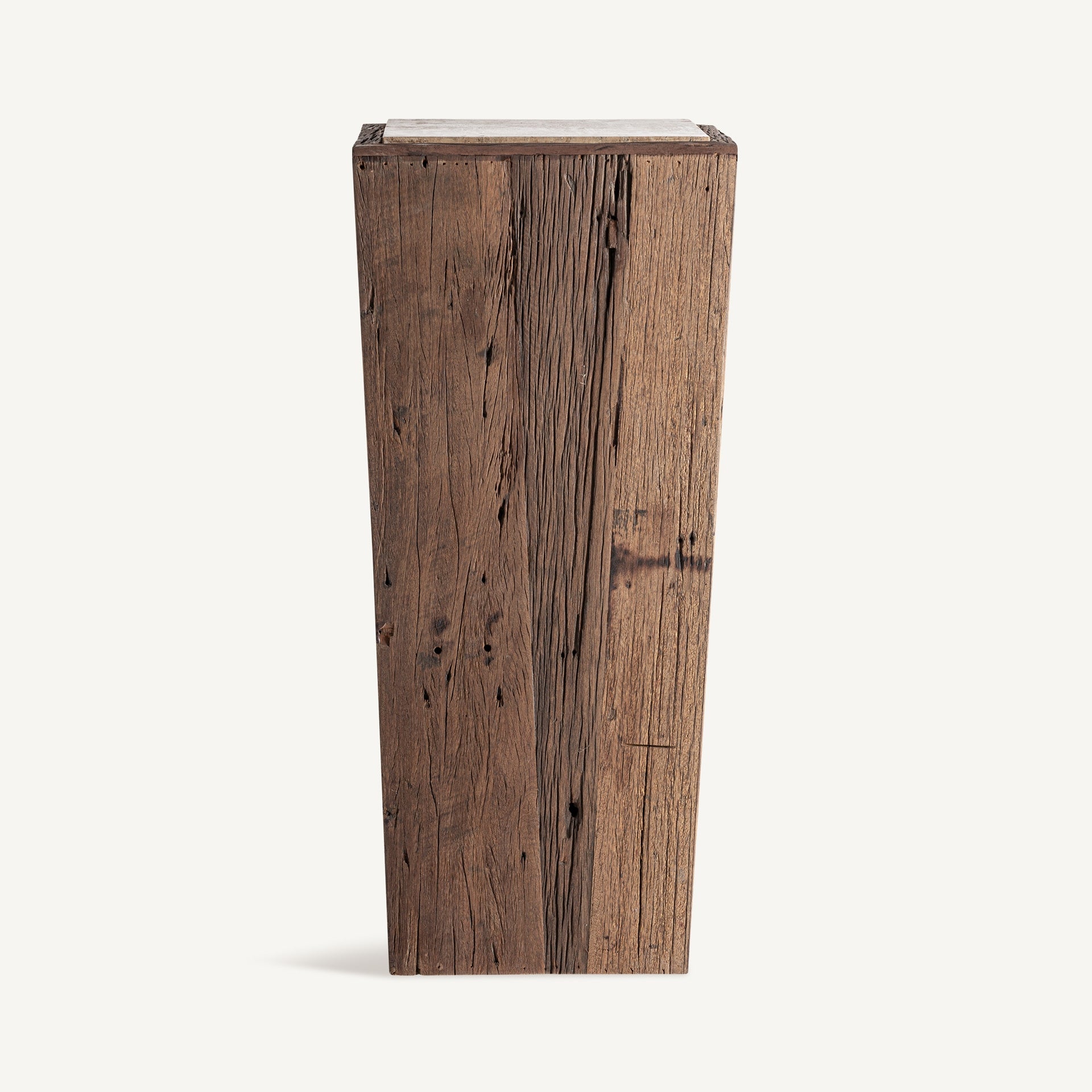 Beistelltisch MERKEM aus recyceltem Holz mit Travertinplatte