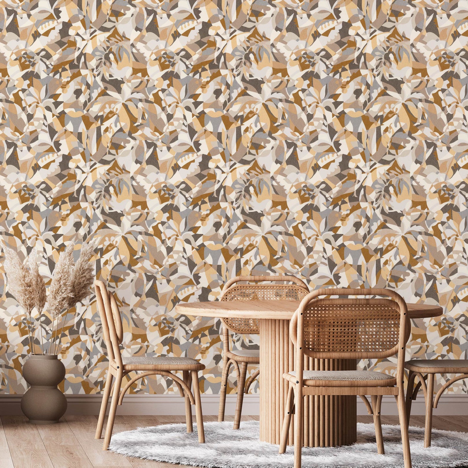 Abstract patterned wallpaper with a botanical motif PLONGEON - SABLE/CAMEL beige with brown
