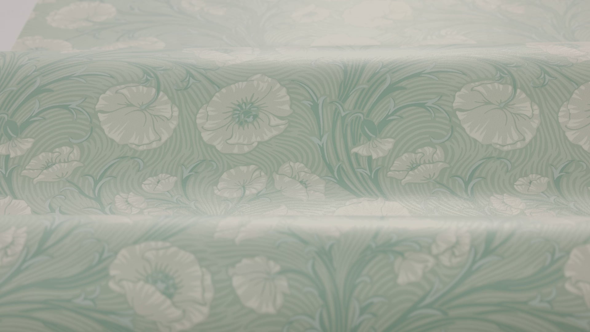 Green floral pattern wallpaper with beige poppy flowers