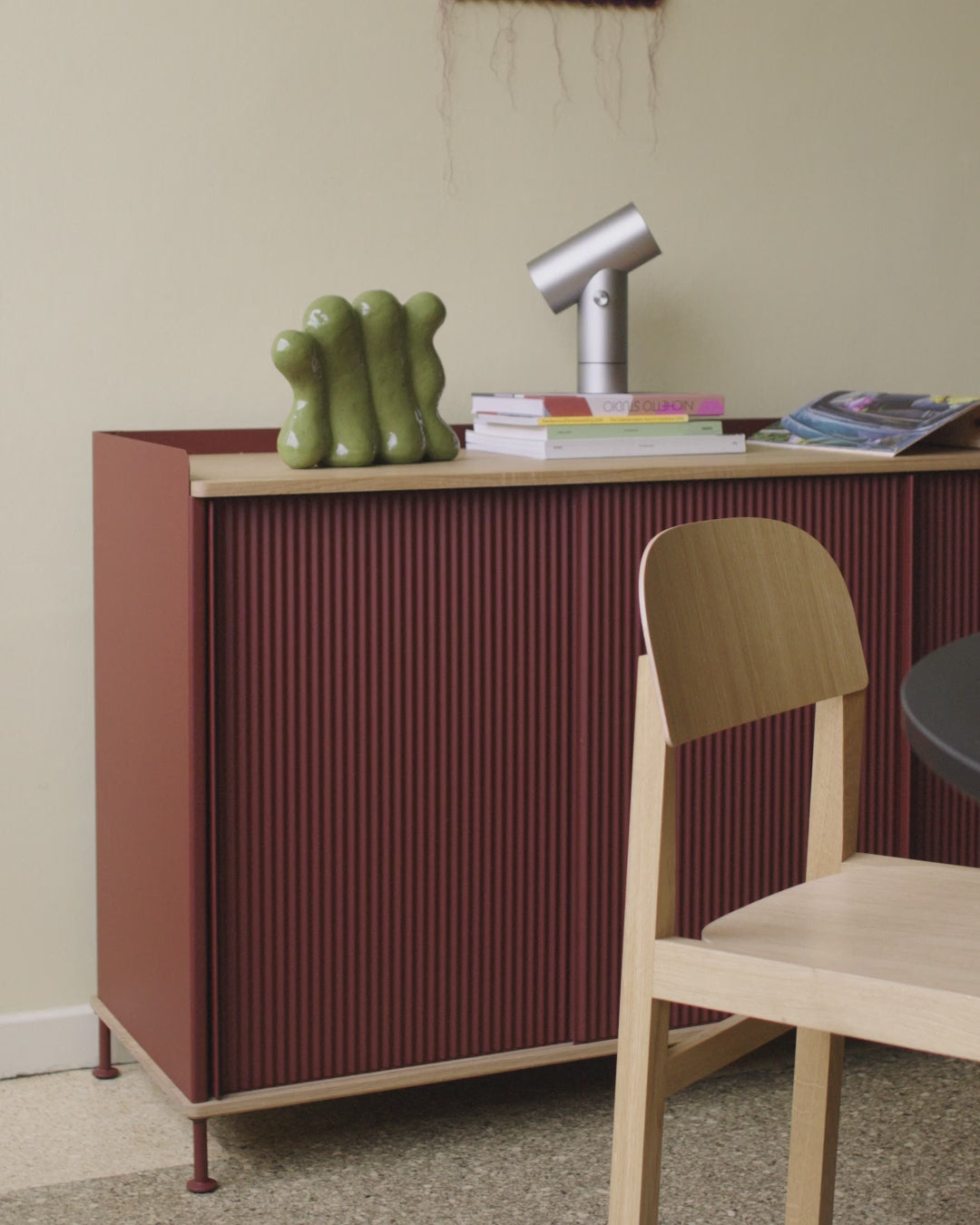 ENFOLD Chest of Drawers in Dirty Green with Oak Top