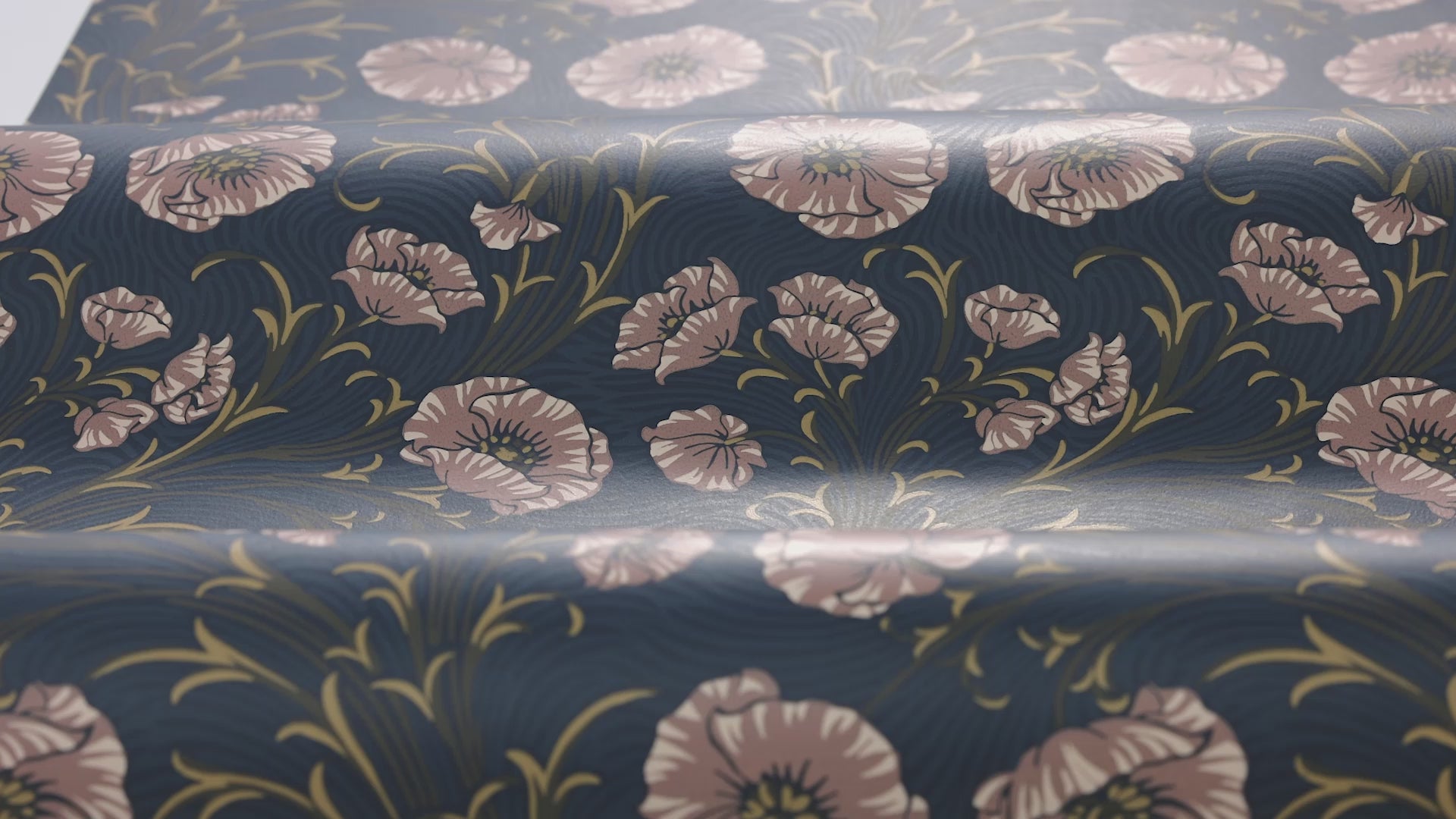 Navy Blue Poppy Flower Botanical Wallpaper with Pink