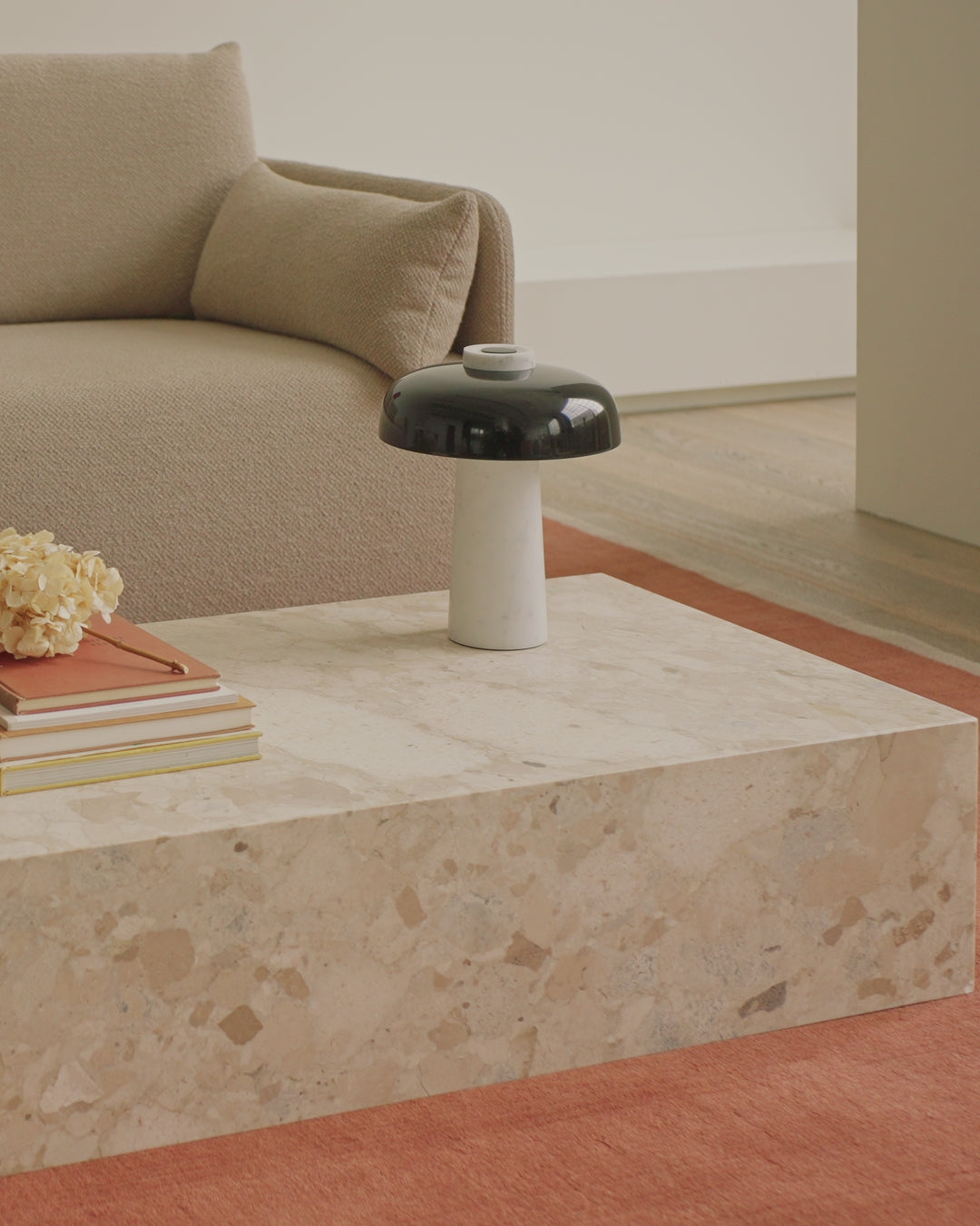 REVERSE table lamp with a brown shade and a stone base