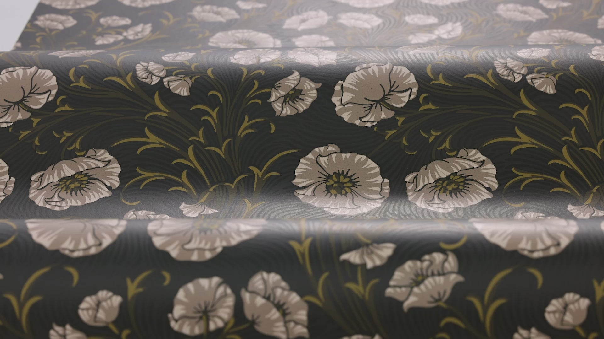 Dark Green Floral Poppy Flow Wallpaper with Beige