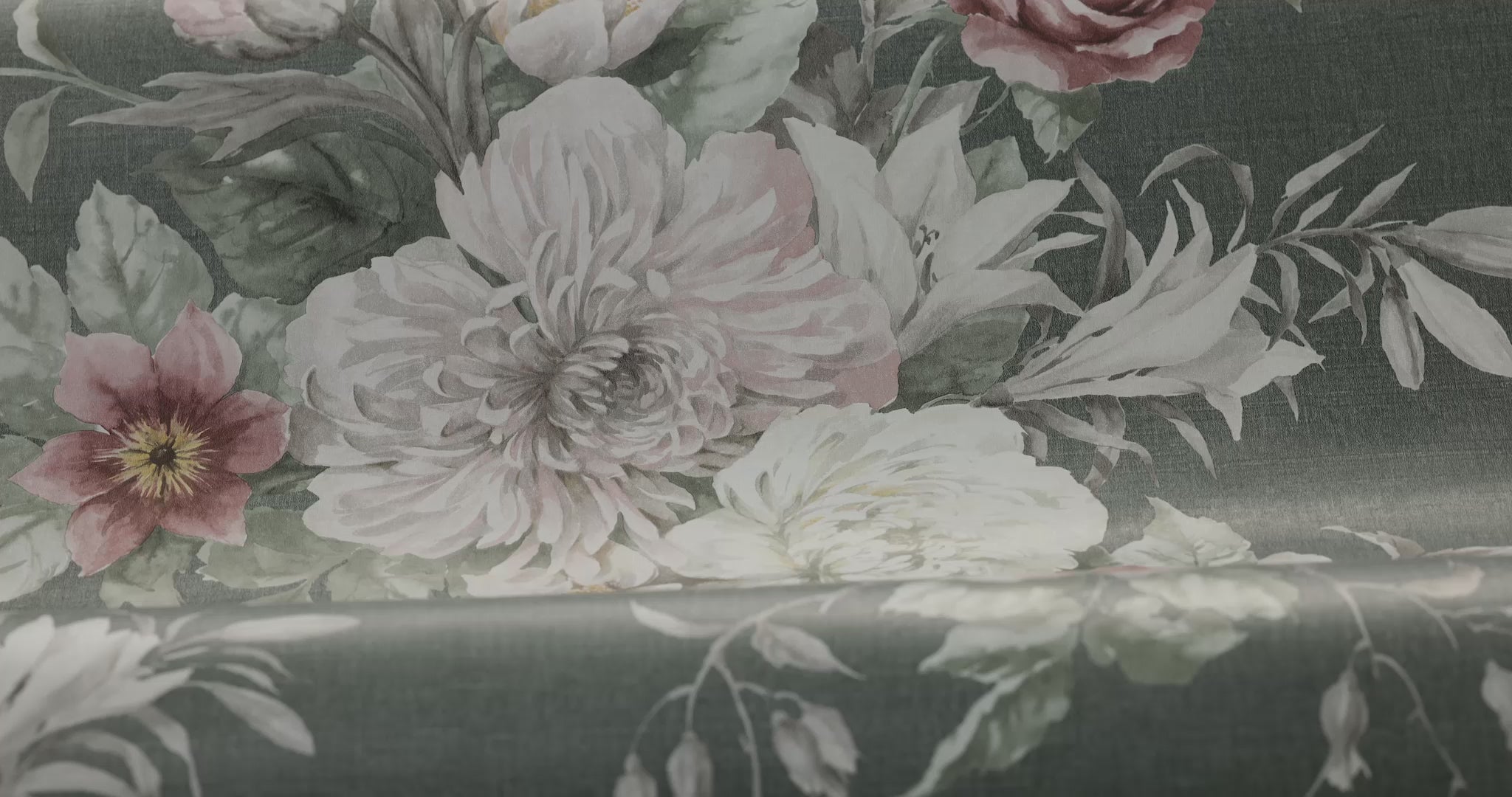 Non-woven paper wallpaper with a floral pattern FLORAL CHARM dark green with pink