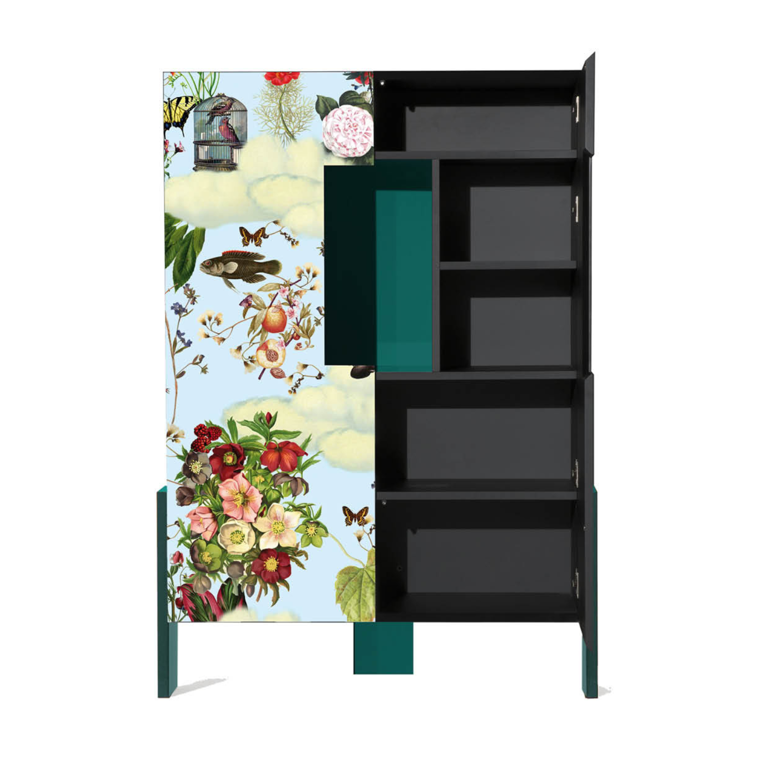 Blue ZiQQurat bookcase with a turquoise base