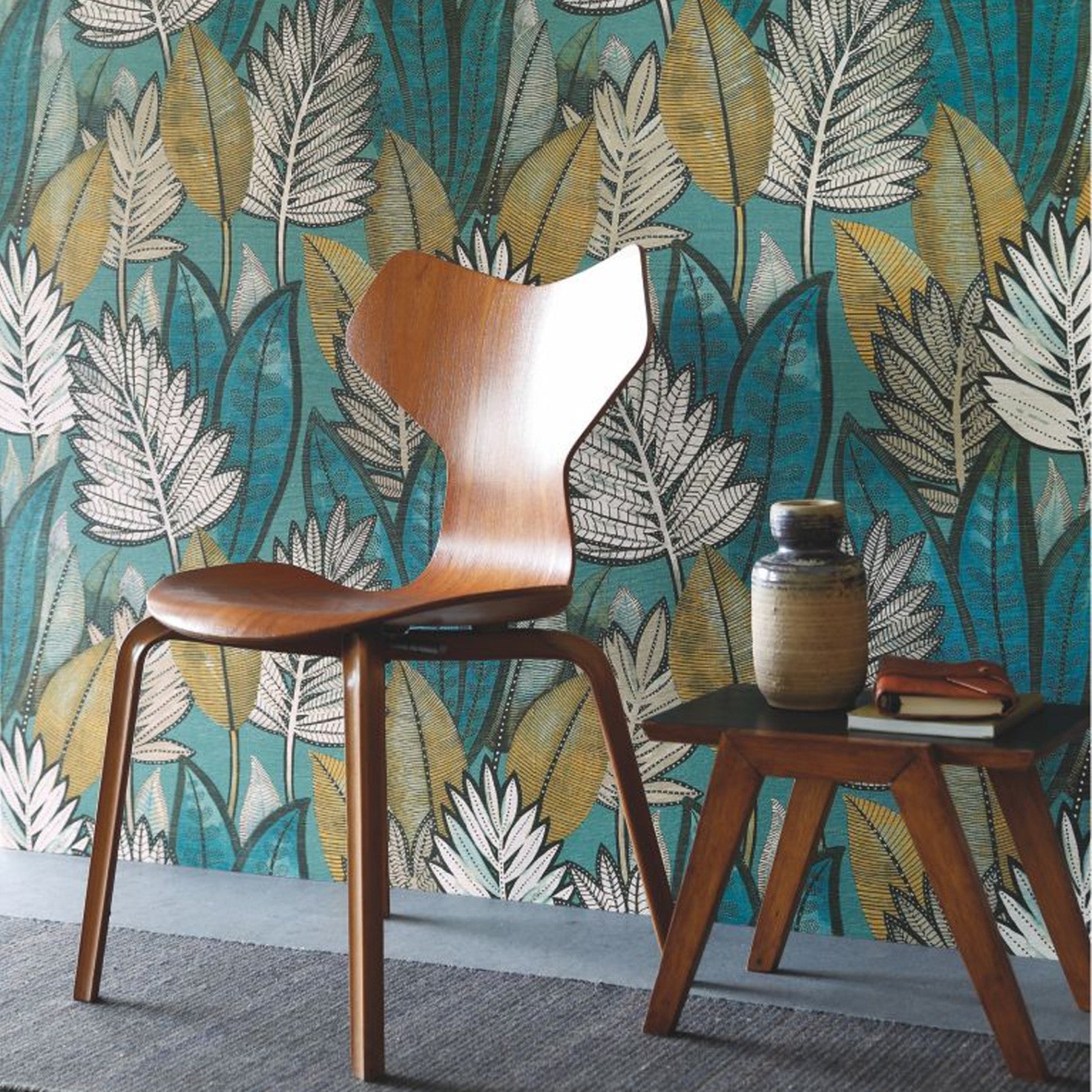 SABAL Structural Wallpaper with Plant Motif - Anthracite with Yellow