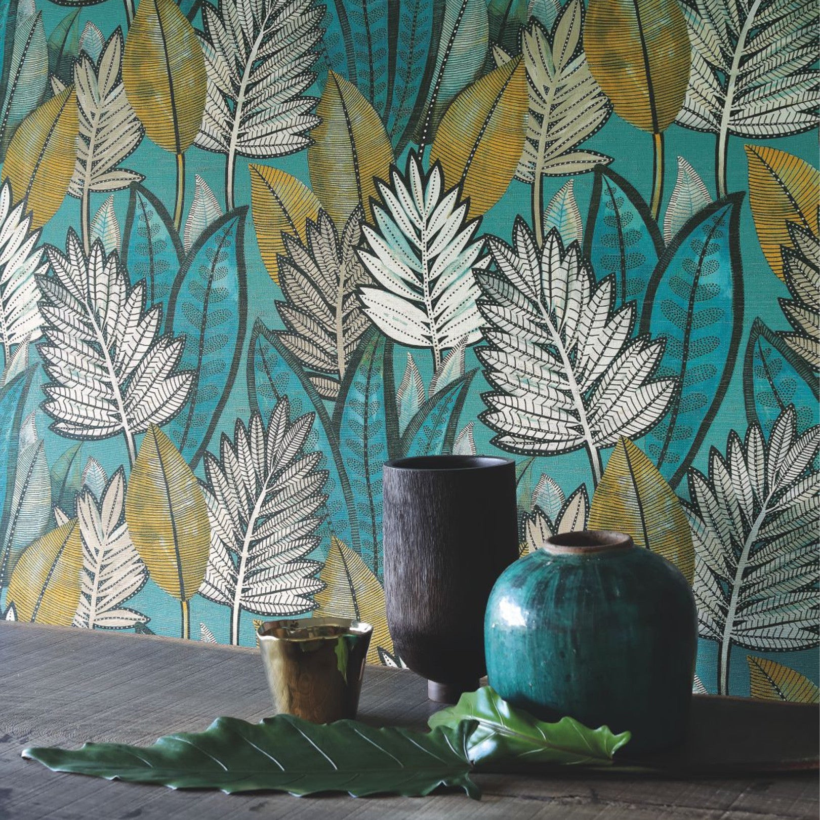 SABAL Structural Wallpaper with Plant Motif - Anthracite with Yellow