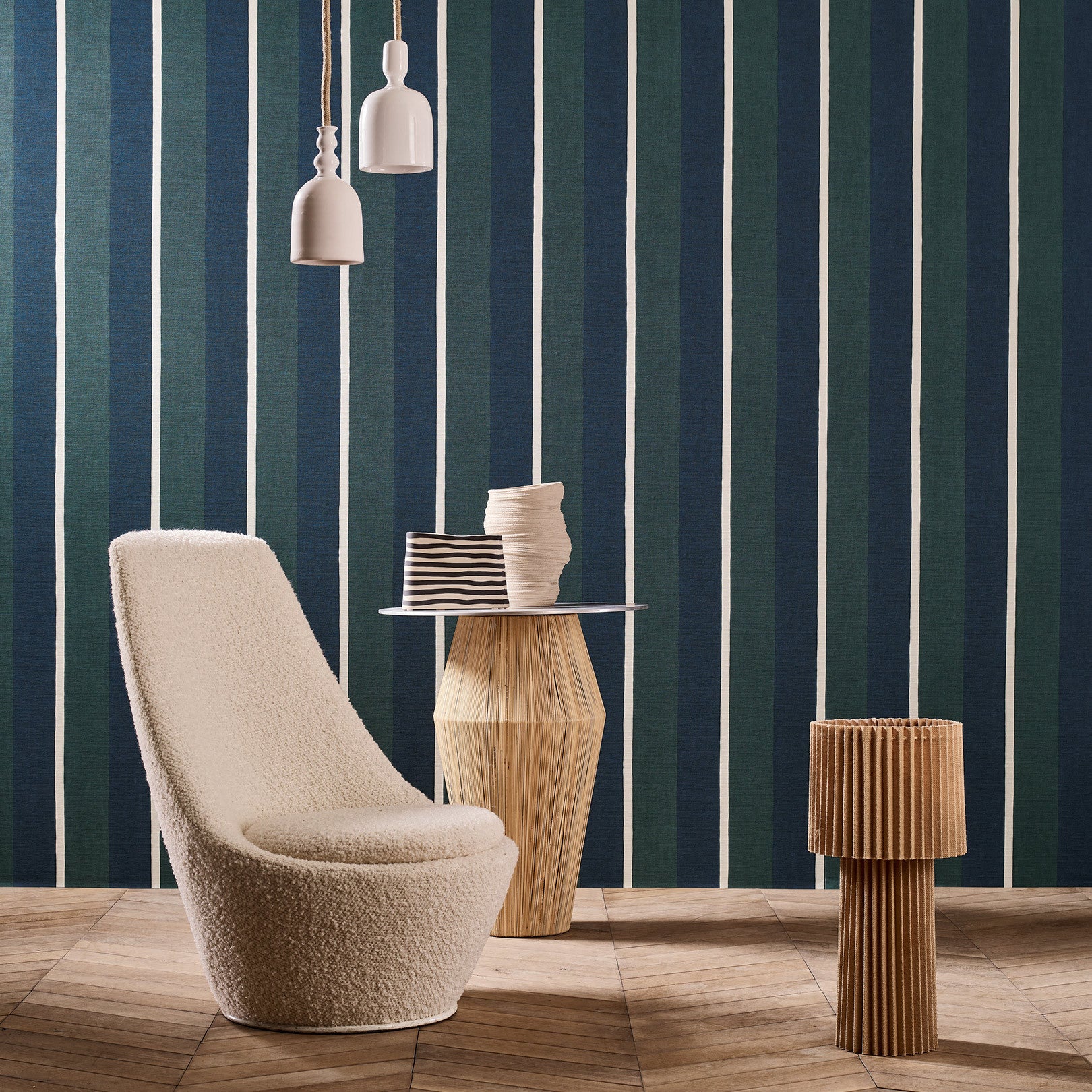 Structural wallpaper imitating striped canvas SINOPIA - MARINE/ENGLISH GREEN navy blue with green
