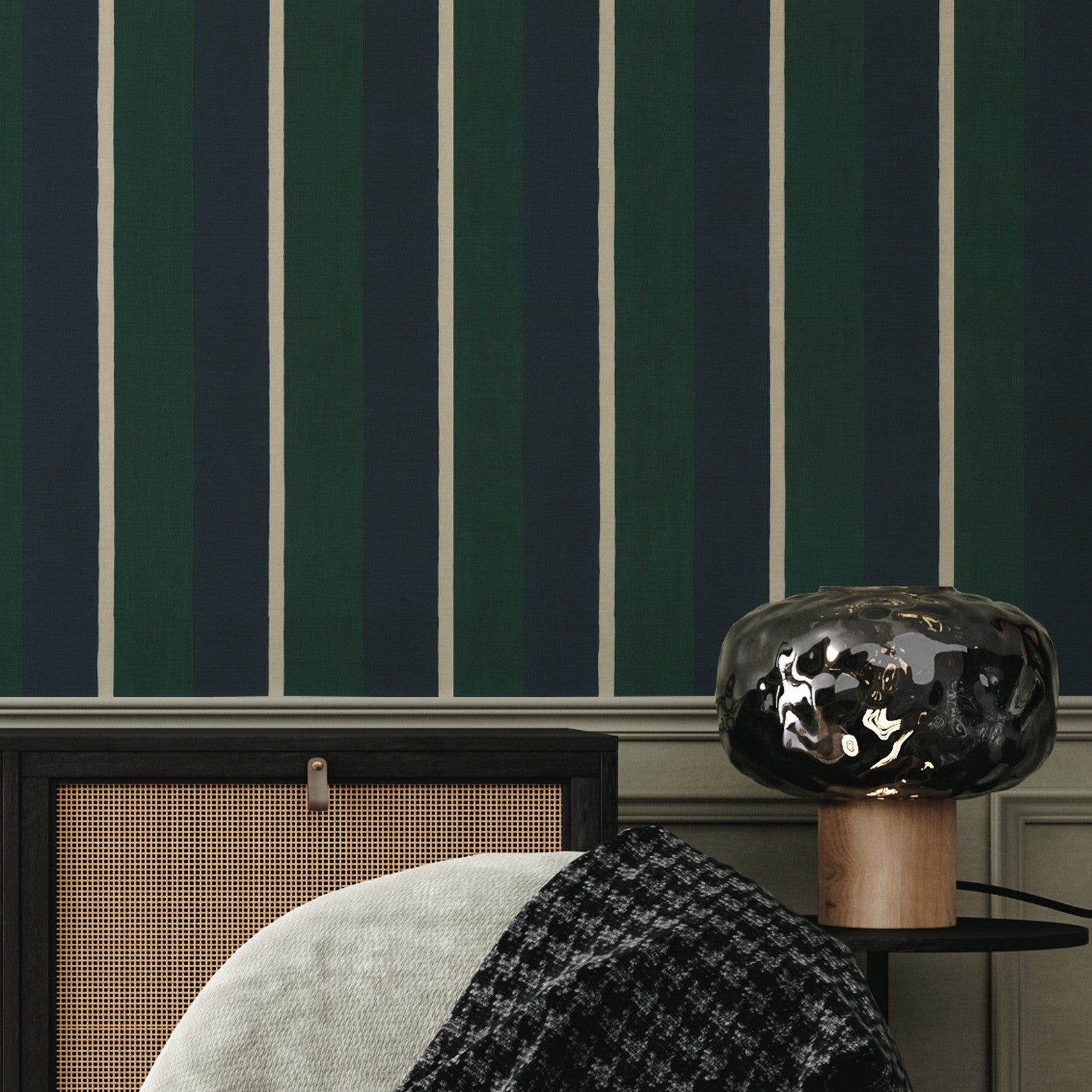 Structural wallpaper imitating striped canvas SINOPIA - MARINE/ENGLISH GREEN navy blue with green