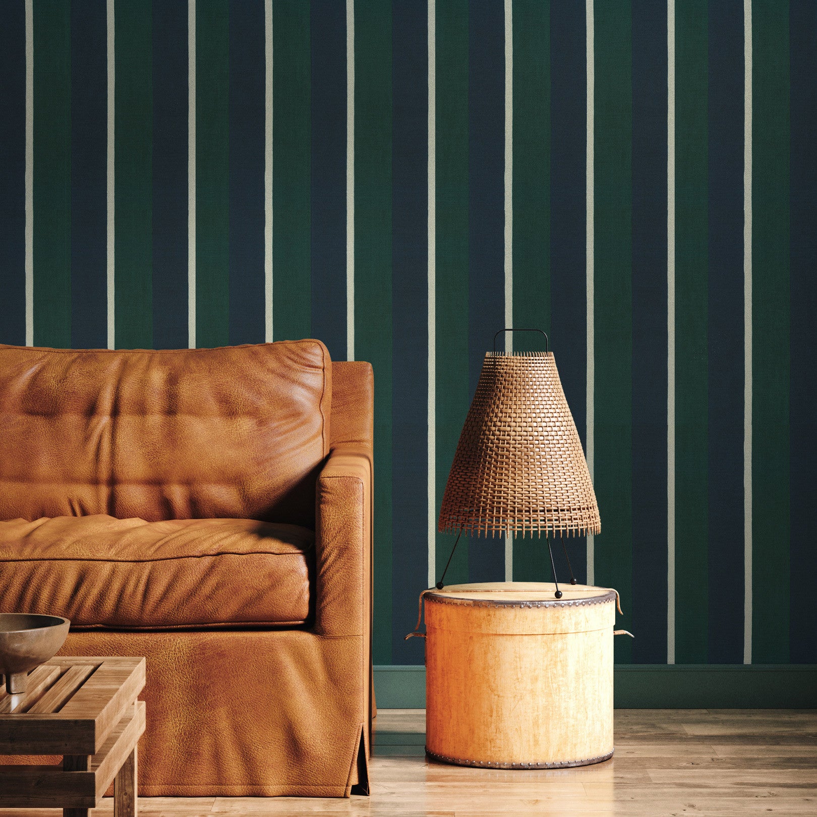 Structural wallpaper imitating striped canvas SINOPIA - MARINE/ENGLISH GREEN navy blue with green