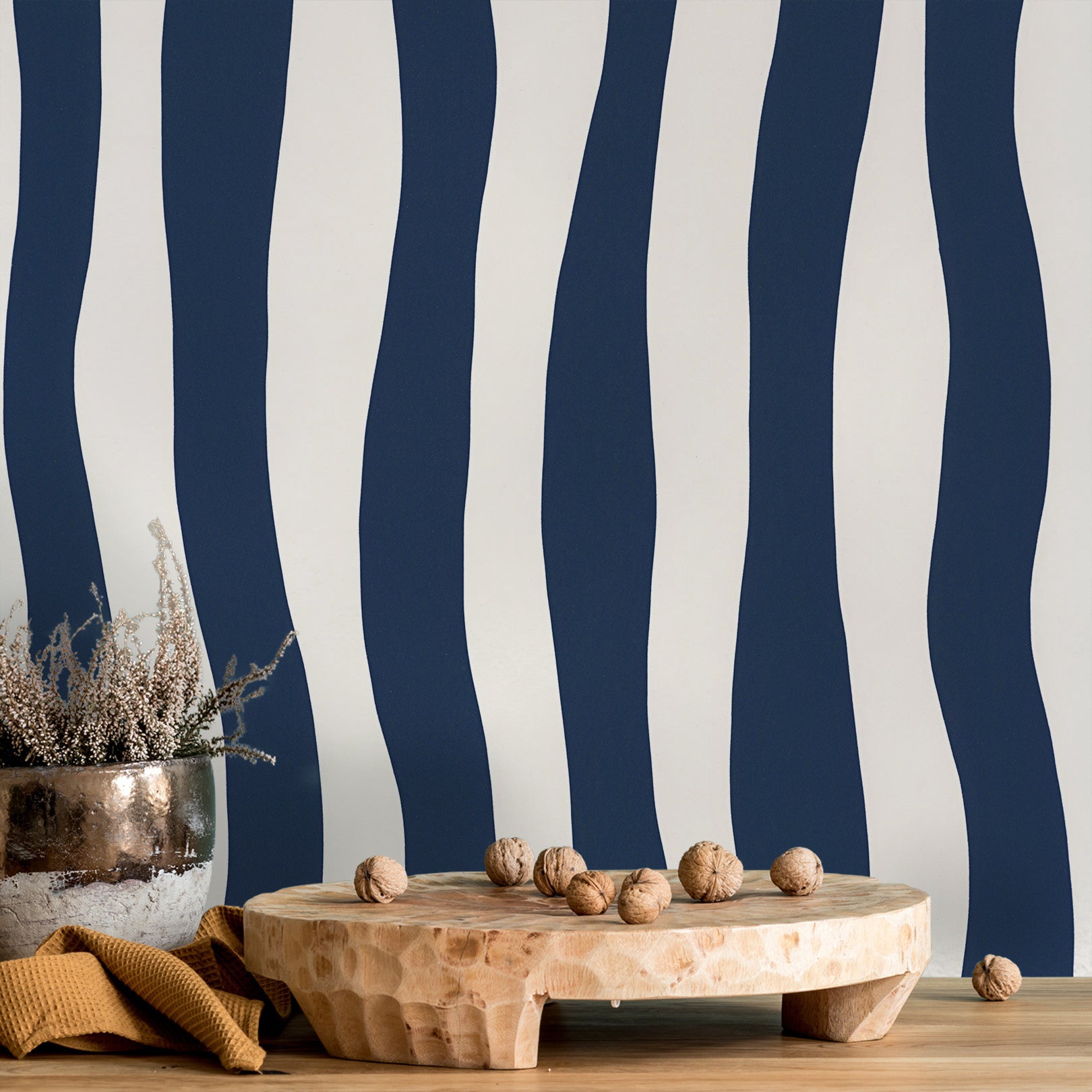 Structural wallpaper with an abstract wavy stripe pattern SUNDAE - MARINE navy blue