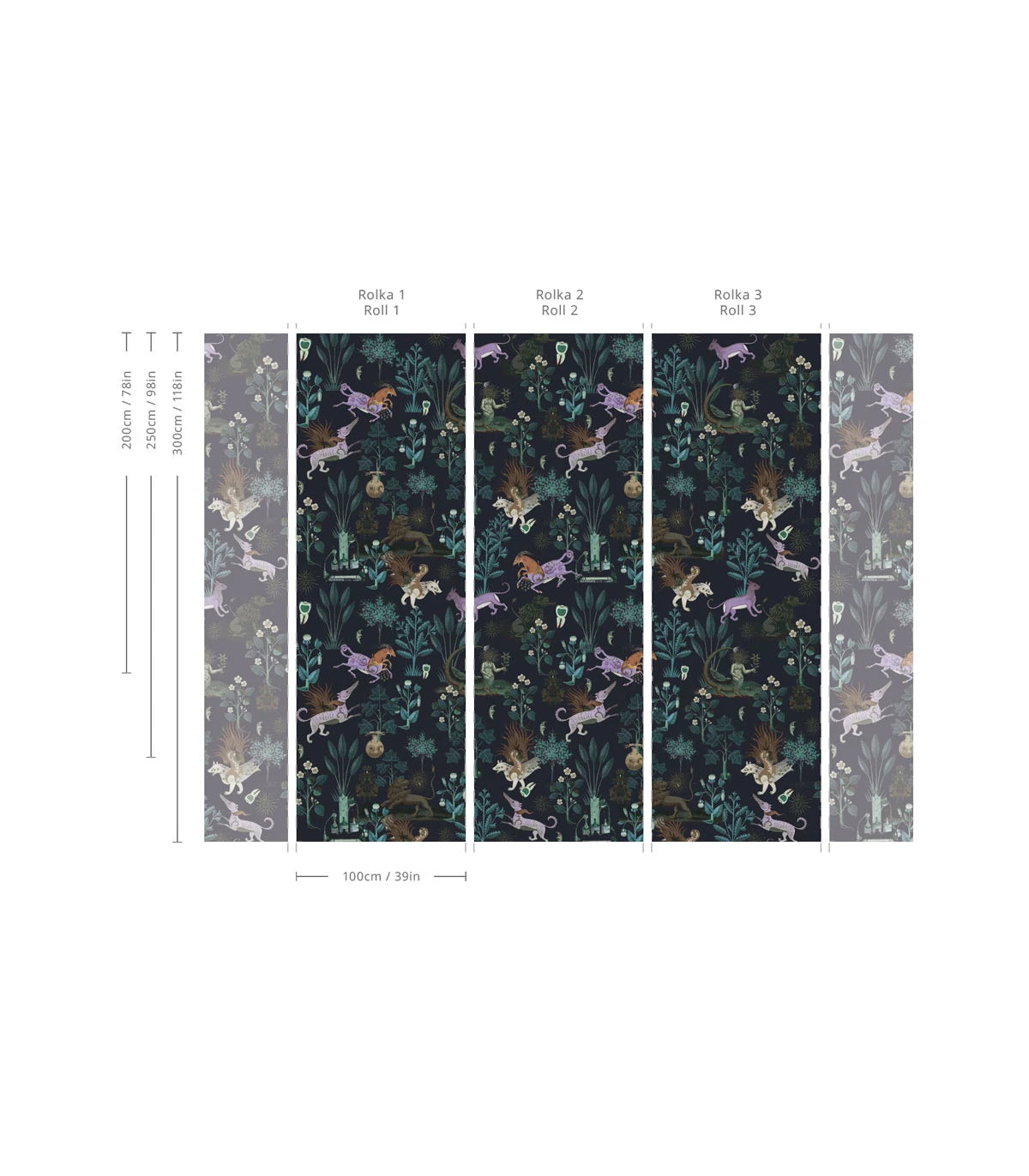 Tapete mit pflanzlichem Motiv und magischen Tieren BOTANIC BEAST PURPLE schwarz mit lila