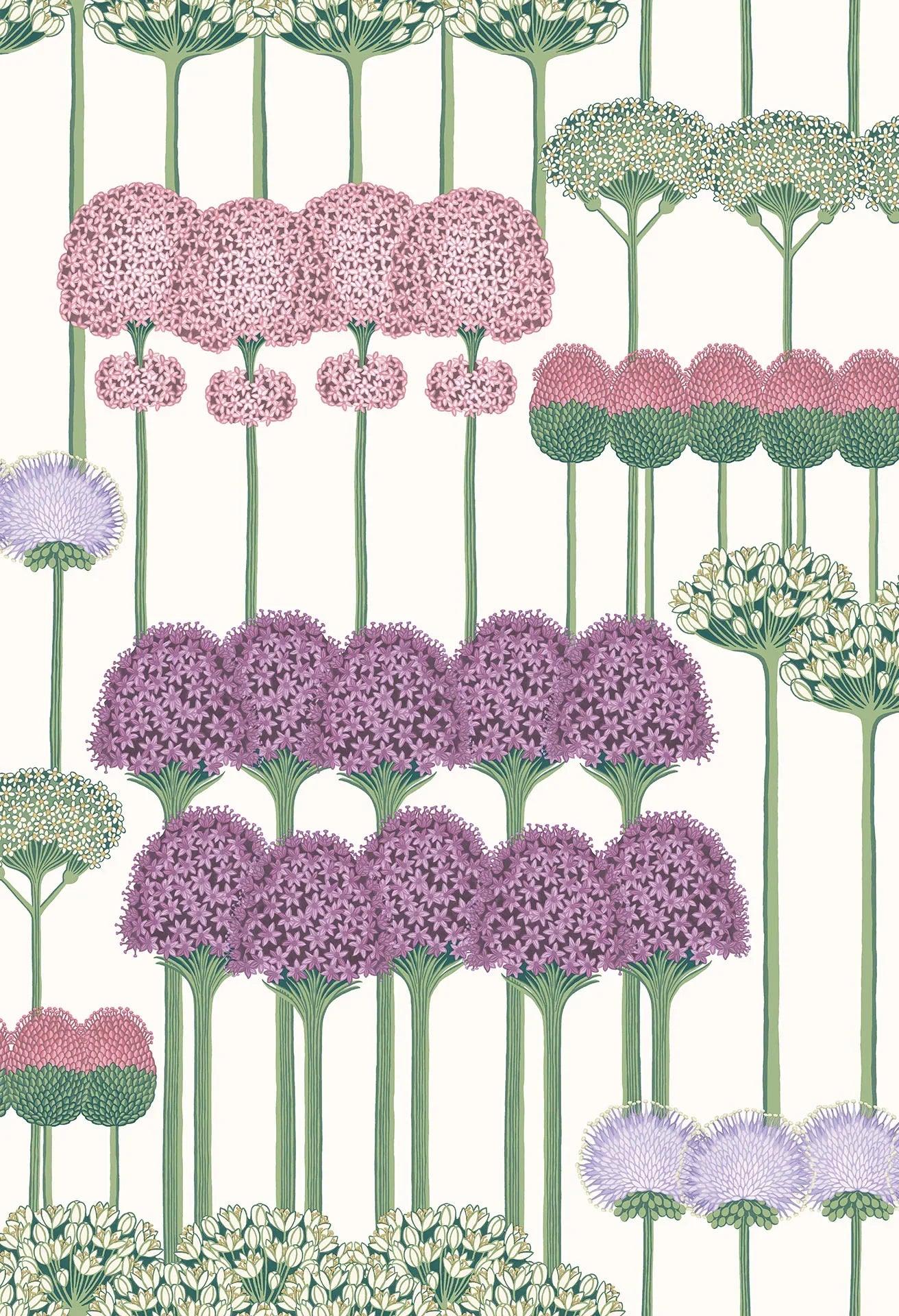 Tapete mit pflanzlichem Motiv Blumen BOTANICAL BOTANICA - Allium Rosa auf Weiß