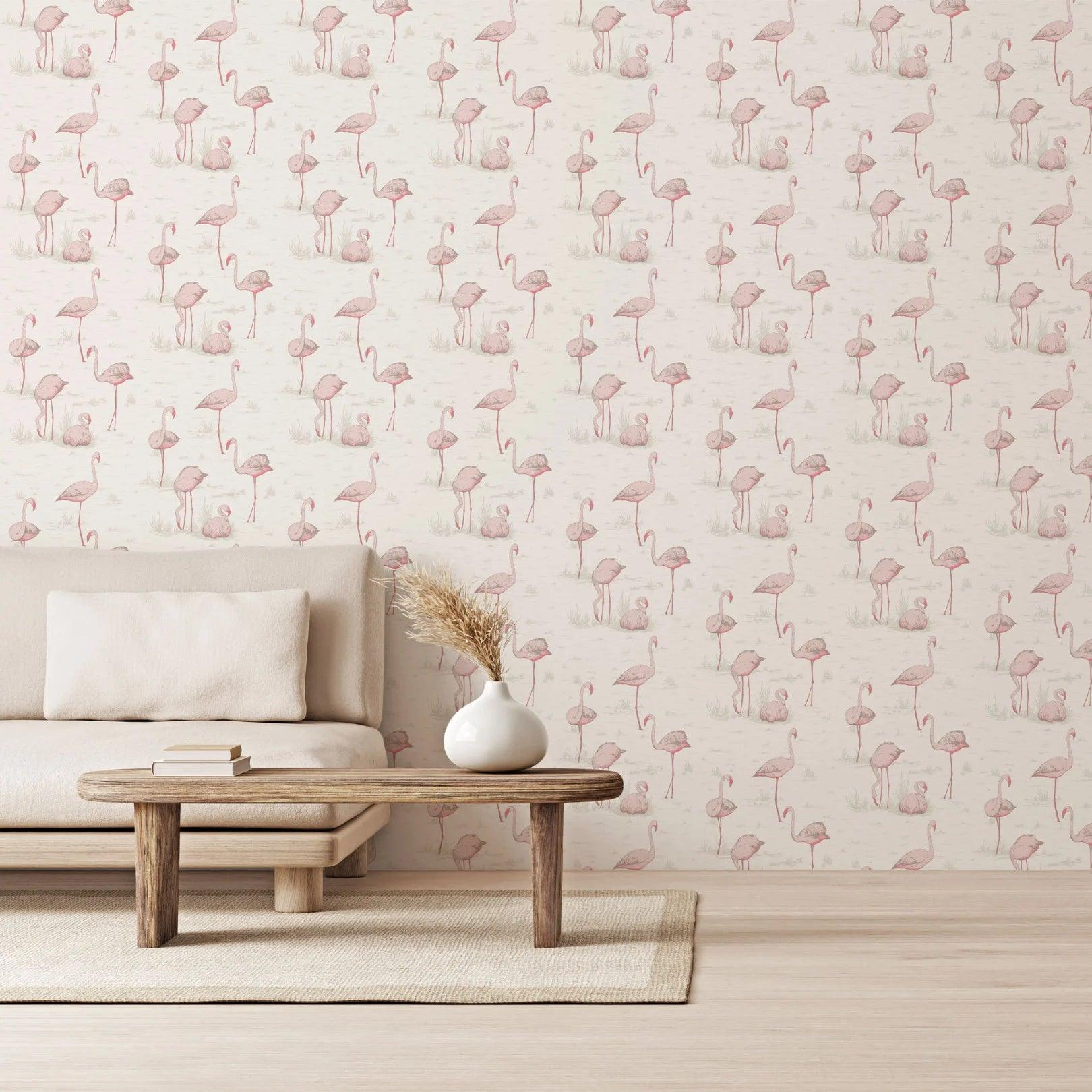 Behang met dierenmotief flamingo's CONTEMPORARY COLLECTIE - Flamingo's metallic zilver