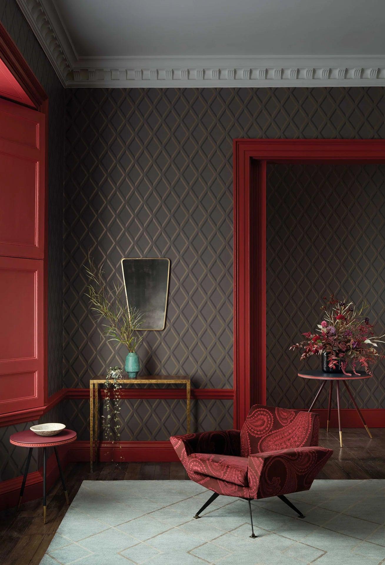 Wallpaper with a geometric check pattern CONTEMPORARY COLLECTION - Pompeian metallic gold on cream