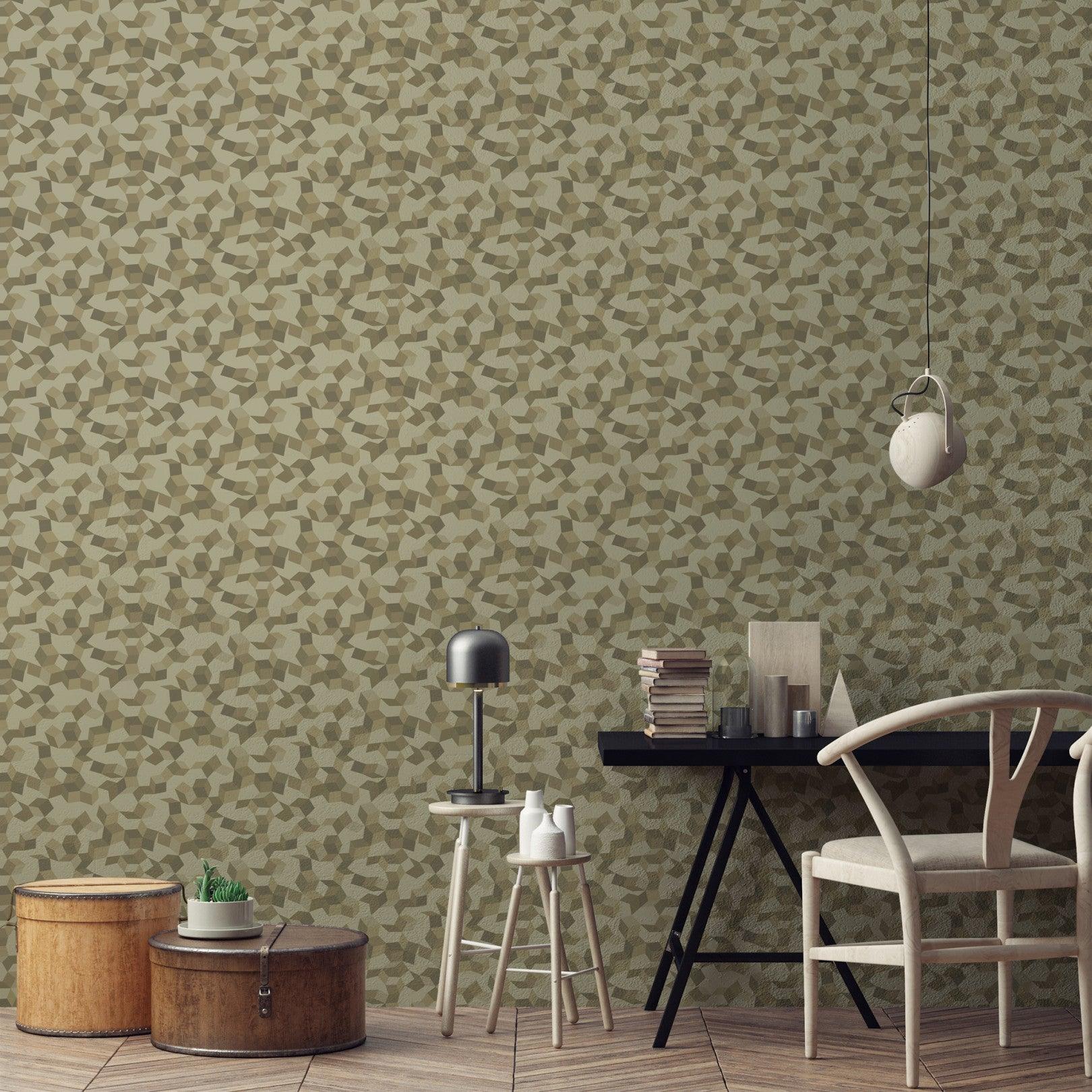 Behang met geometrisch streeppatroon CURIO - Plume metallic goud