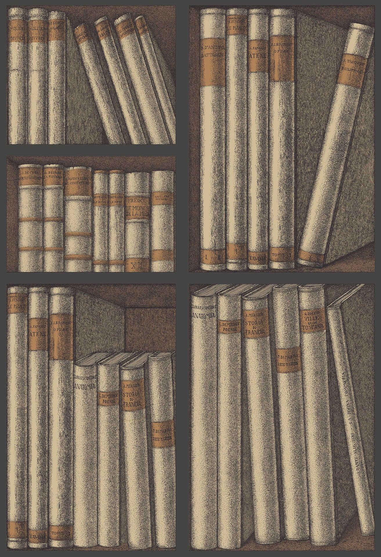 Tapete mit Bibliotheks- und Buchmotiv FORNASETTI - Ex Libris ochra