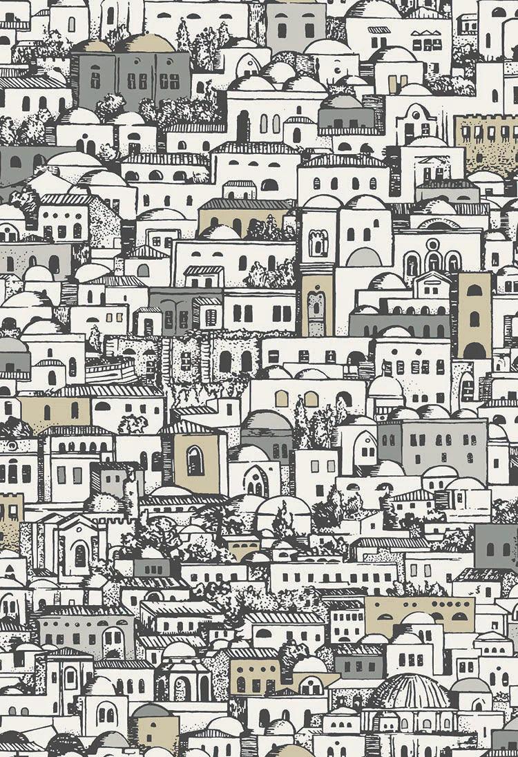Wallpaper with a cityscape and buildings FORNASETTI - Mediterranea white