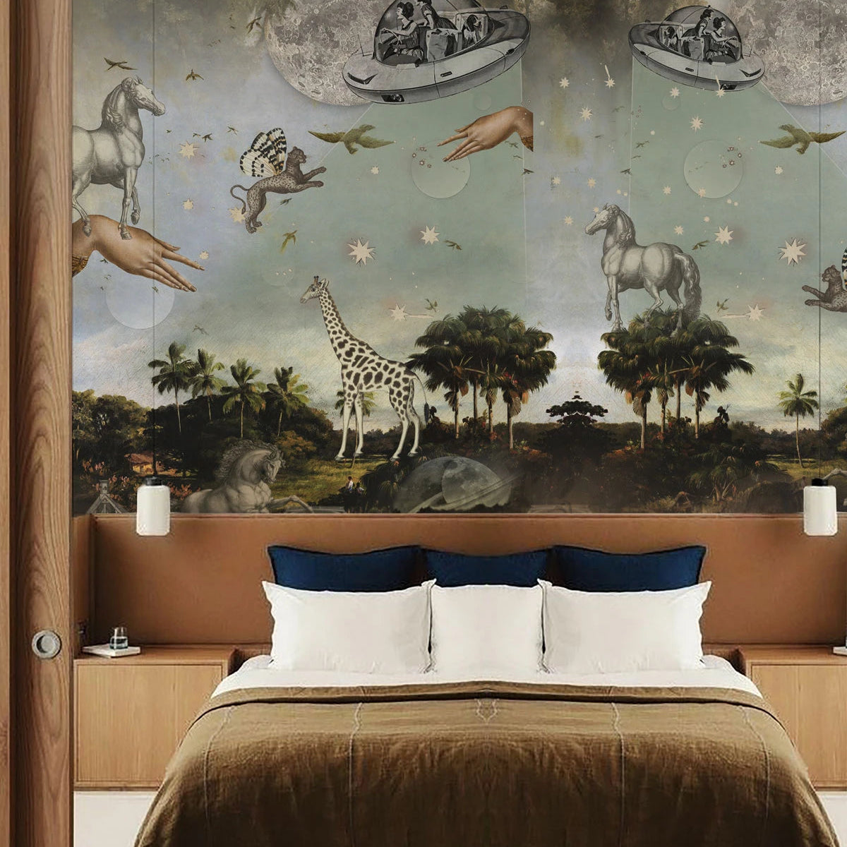 Wallpaper with a magical landscape STARDUST SAFARI dark green with blue