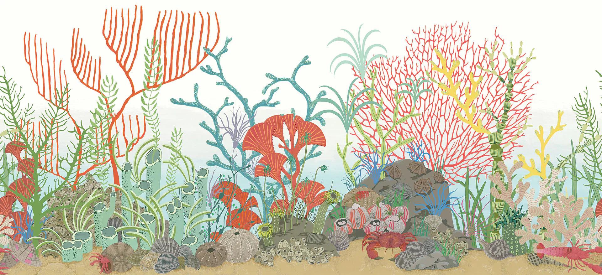 Whimsical Coral Reef Sea-Themed Wallpaper Border - Blue Archipelago Border with Red