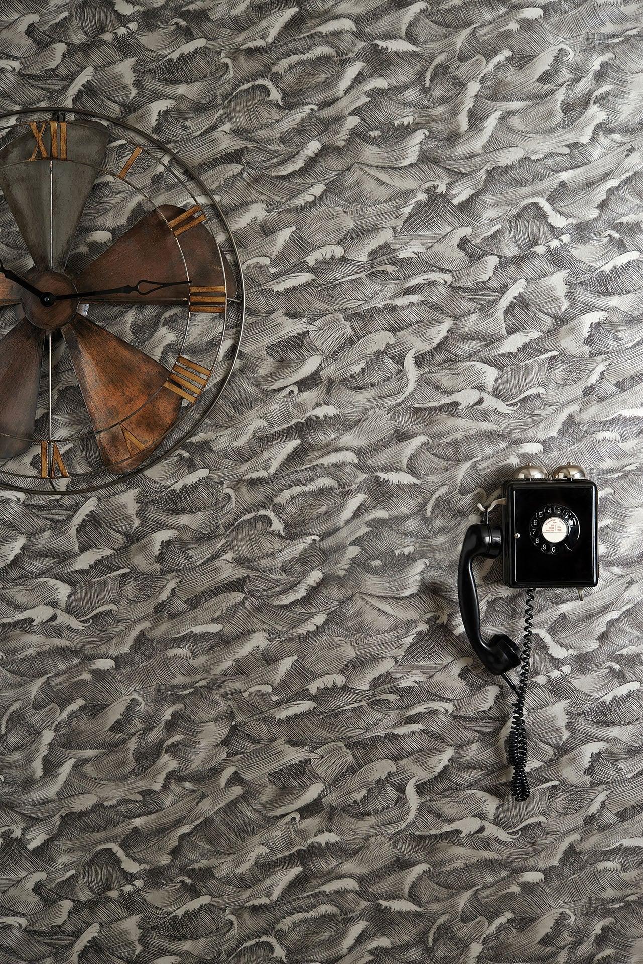 Behang met abstract patroon van zee golven WHIMSICAL - Columbus grijs