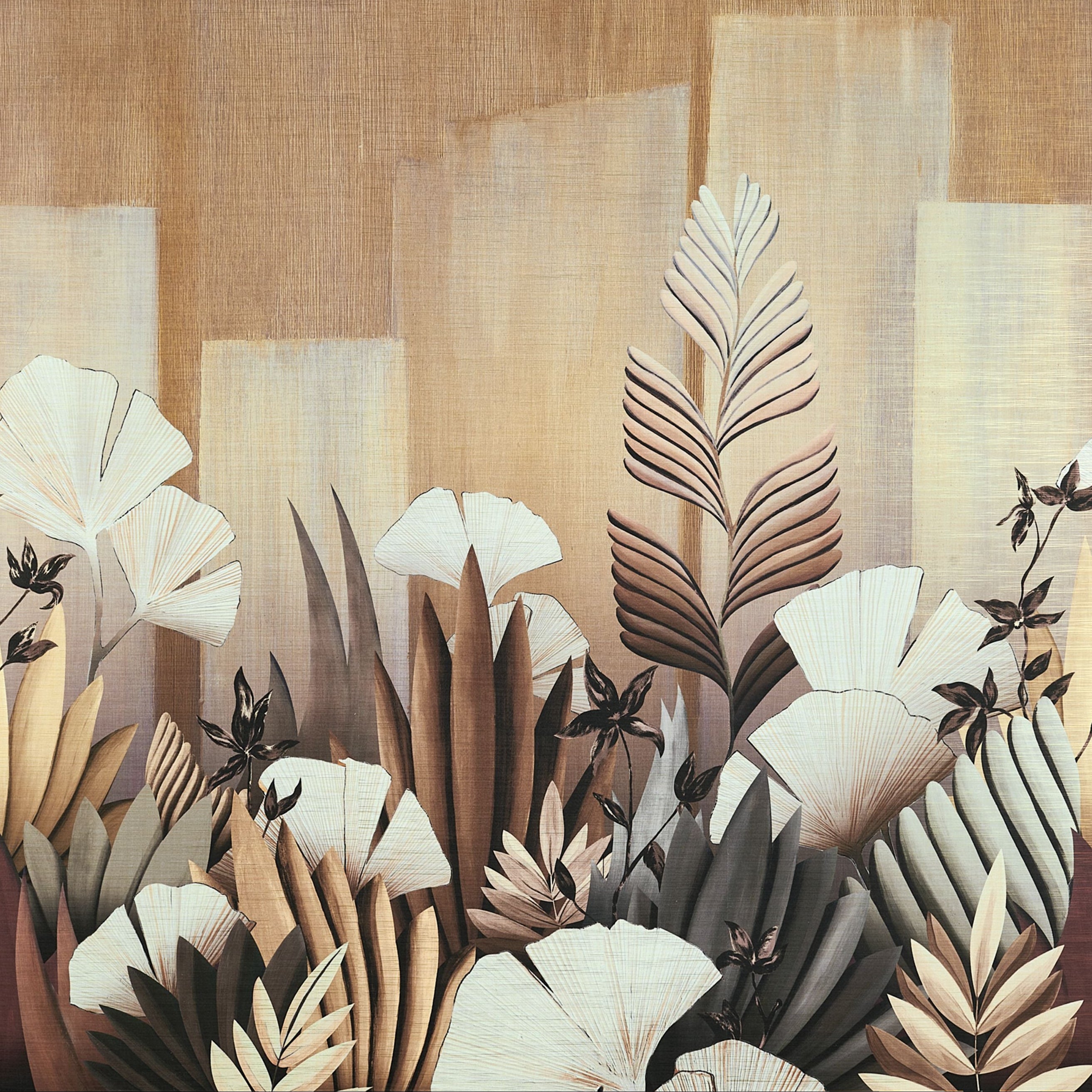 Plant-themed mural ICHO straw beige with dusty pink