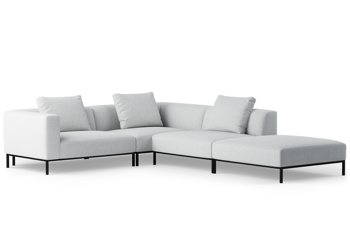 Open right-sided modular corner sofa HOLDEN upholstered with a black base