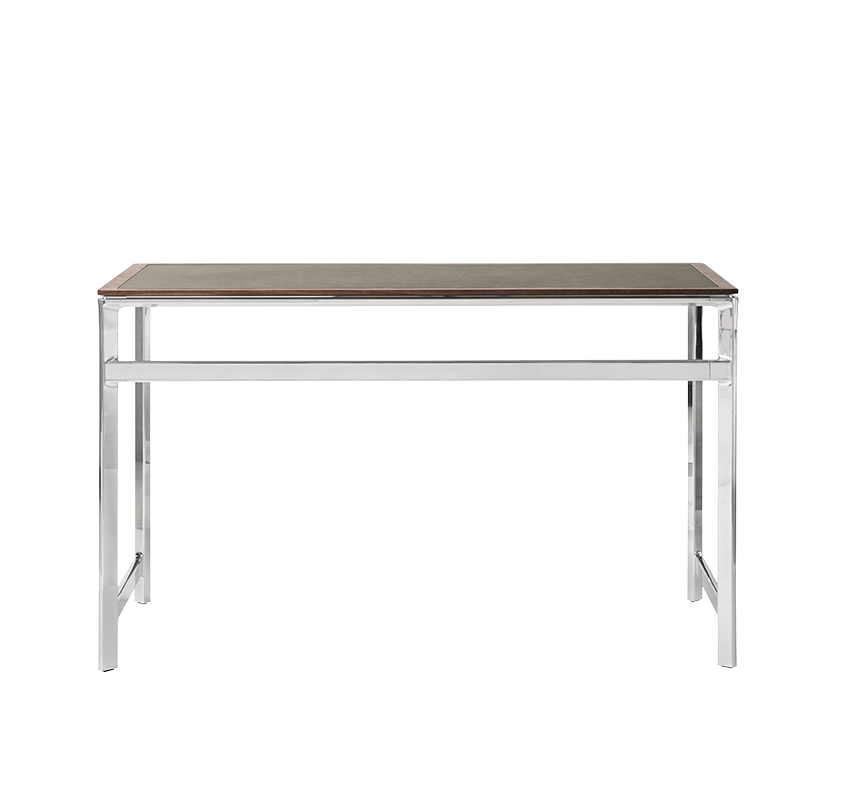 Bureau STUDIO groen leren blad met notenhouten frame en aluminium basis
