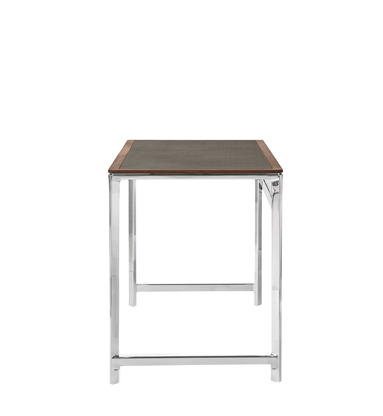 Bureau STUDIO groen leren blad met notenhouten frame en aluminium basis