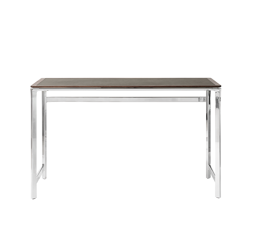 Bureau STUDIO groen leren blad met notenhouten frame en aluminium basis