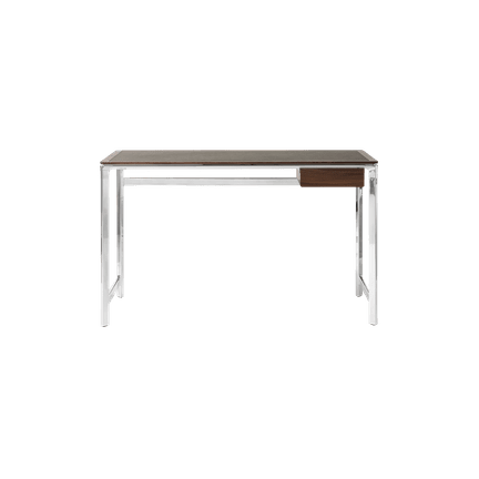 Bureau STUDIO groen leren blad met notenhouten frame en aluminium basis