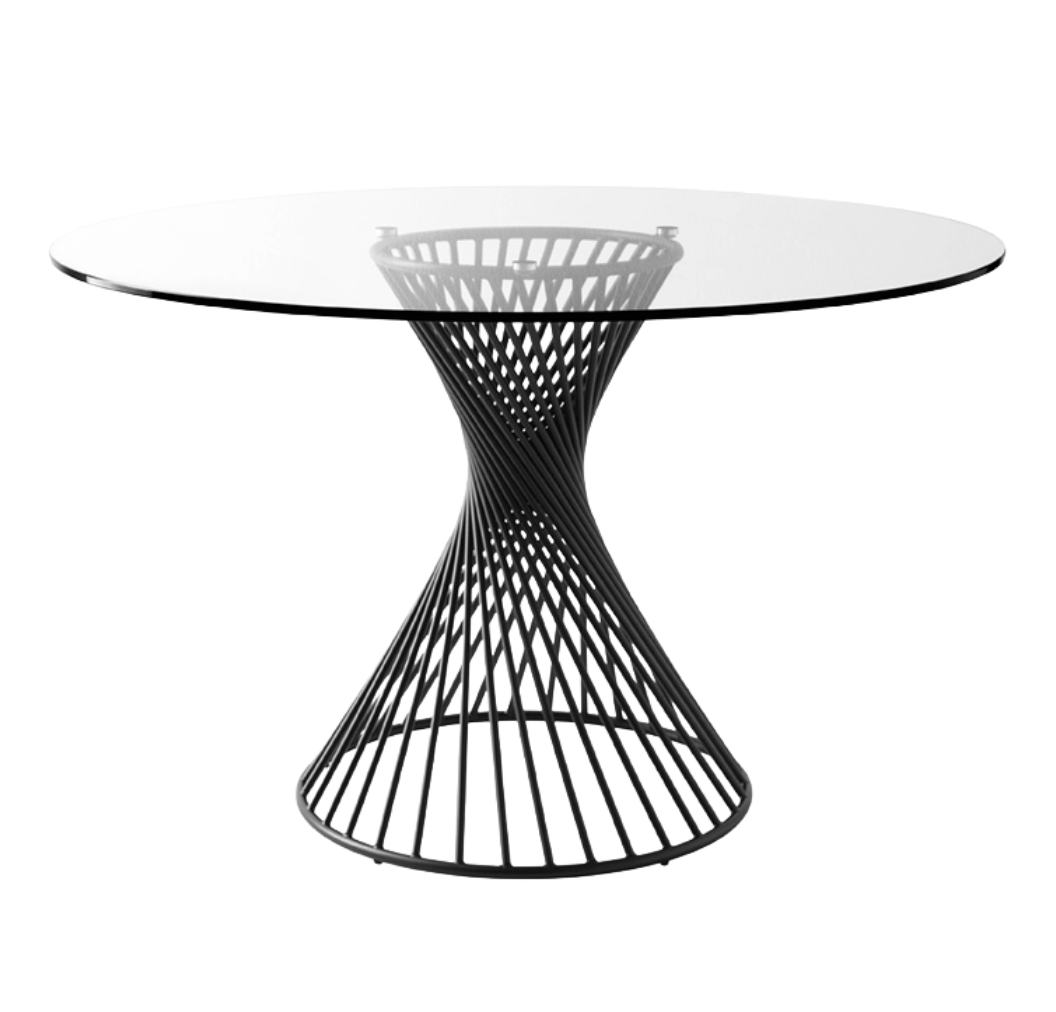 Runder Tisch VORTEX mit Glasplatte und schwarzem Gestell
