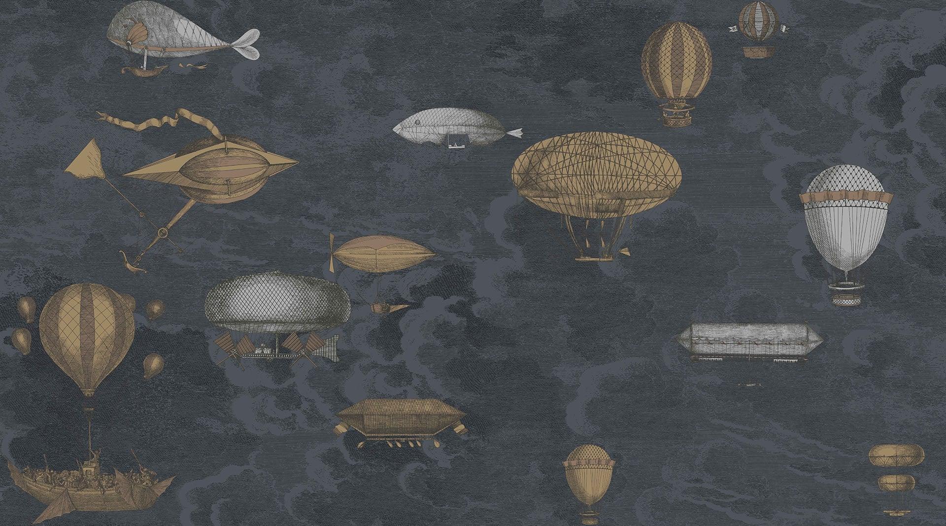 Set behang met het landschap van vliegende machines FORNASETTI - Macchine Volanti marineblauw