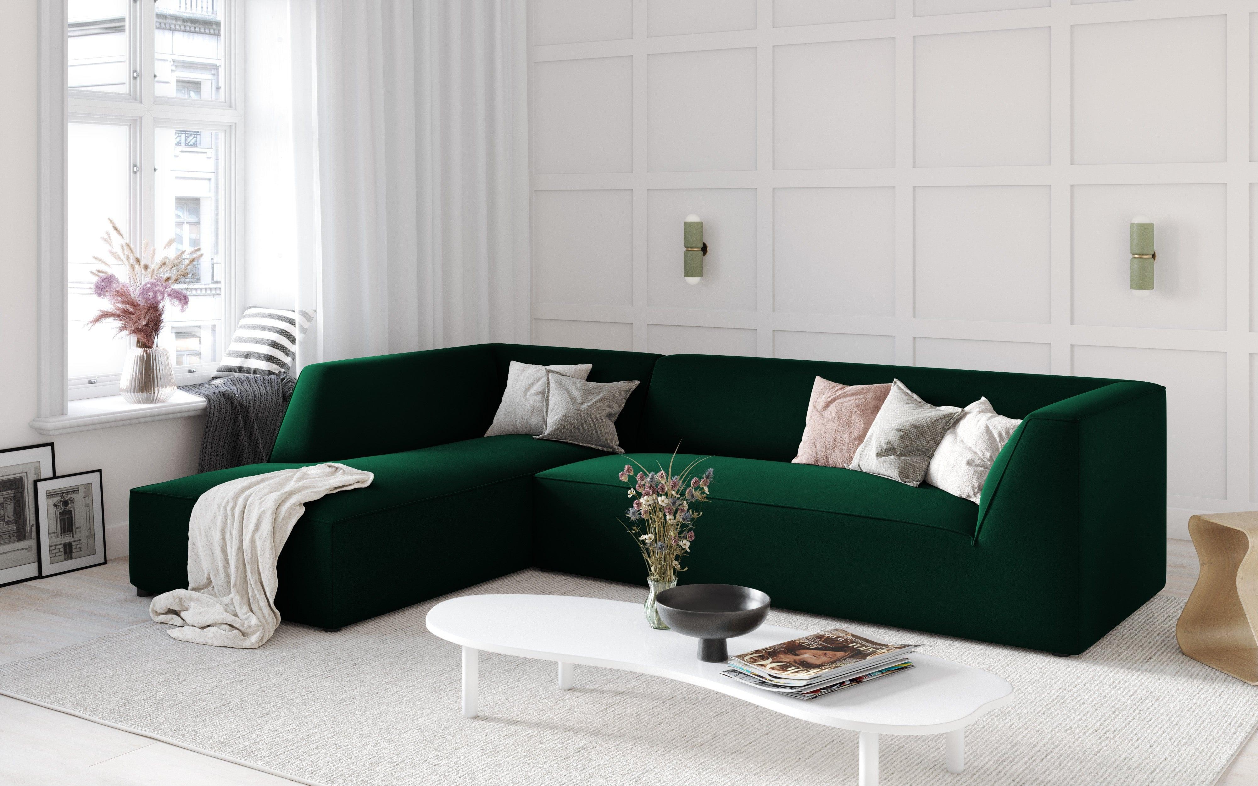 Narożnik aksamitny 4-osobowy lewostronny RUBY butelkowa zieleń Micadoni    Eye on Design
